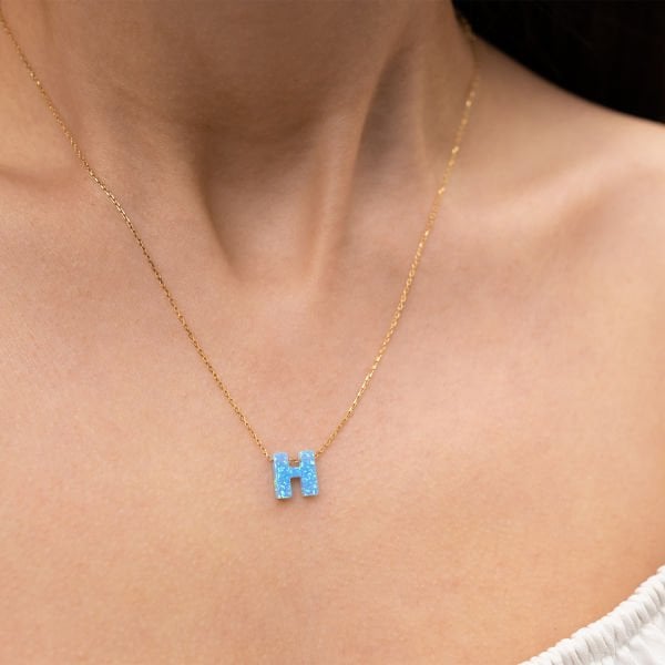 925 Ayar Opal Taş H Harf Kolye