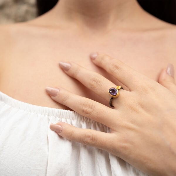 Oval Ametist Taşlı Gümüş Yüzük