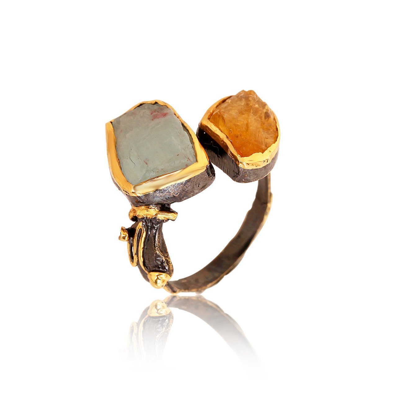 Rough Kaya Aquamarin - Rough Kaya Sitrin Taşlı Yüzük