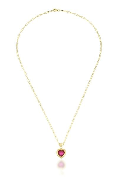 Pembe Taşlı Kalp Kolye