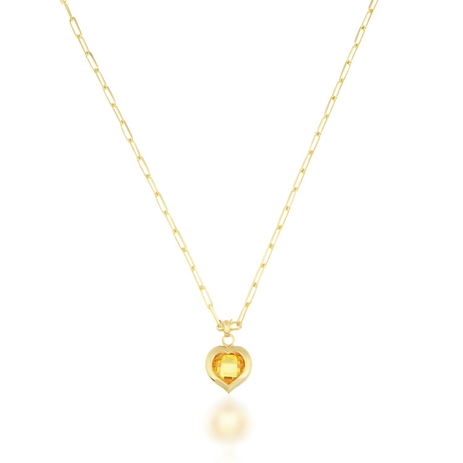 Sarı Taşlı Kalp  Gümüş Kolye