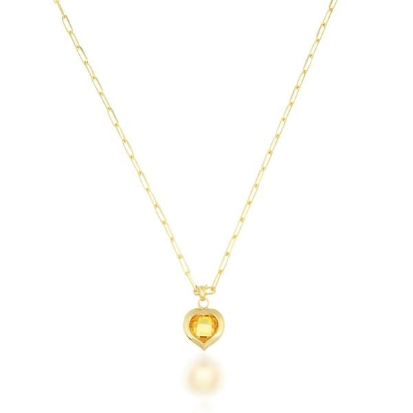 Sarı Taşlı Kalp  Gümüş Kolye