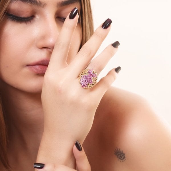 Pembe Taşlı Gümüş Yüzük