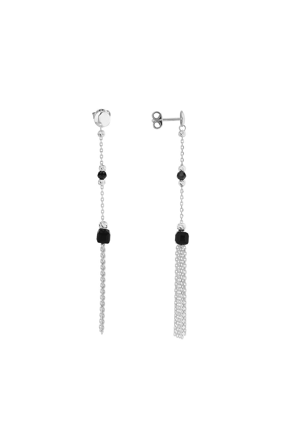 Siyah Oniks Taşlı Gümüş Beyaz Küpe