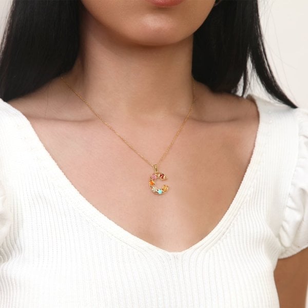 Mineli 'C' Harfli Gümüş Kolye