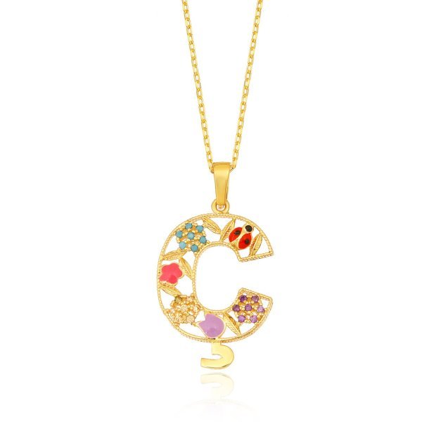 Mineli 'Ç' Harfli Gümüş Kolye