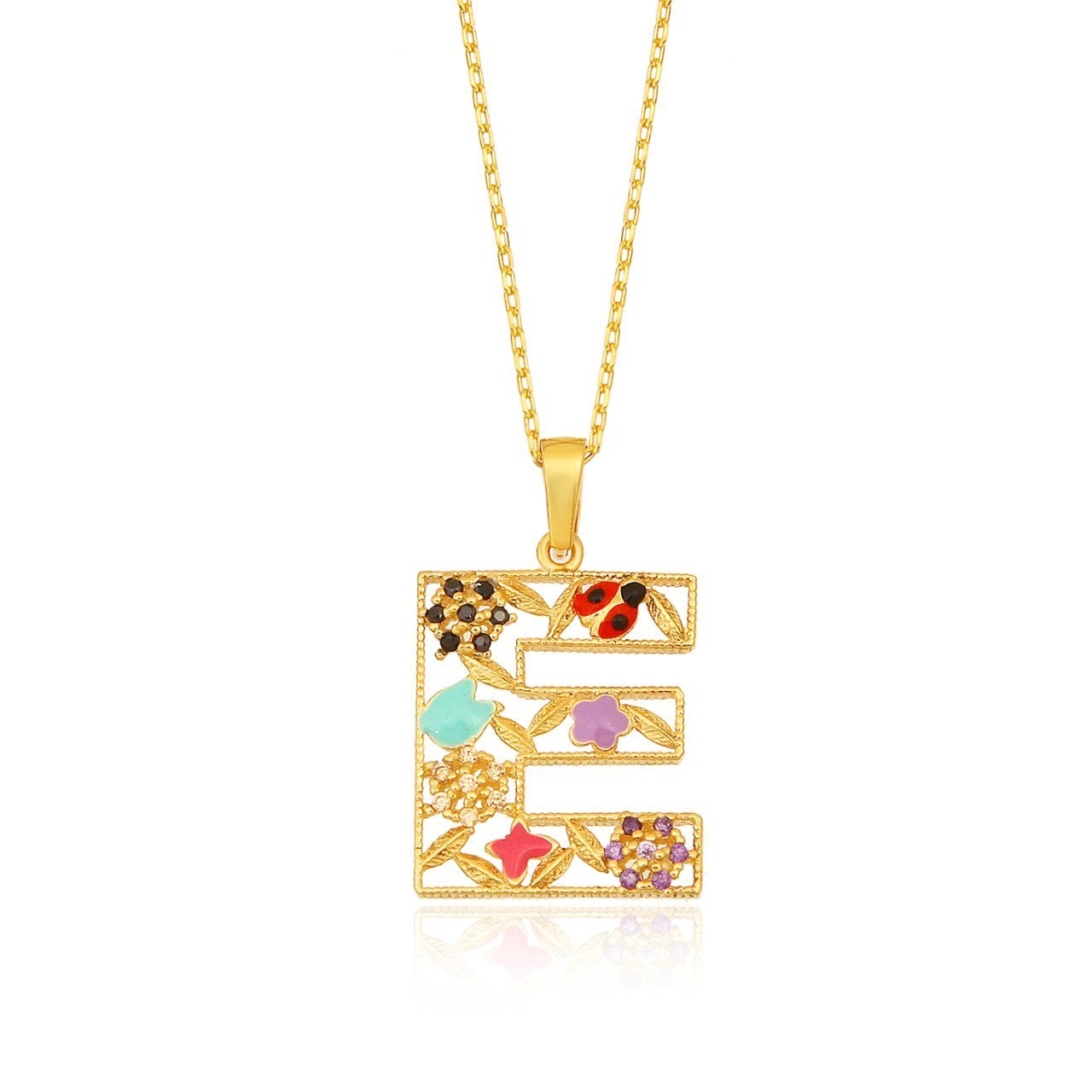 Mineli 'E' Harfli Gümüş Kolye