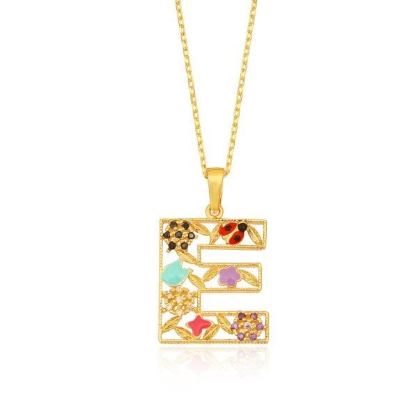 Mineli 'E' Harfli Gümüş Kolye