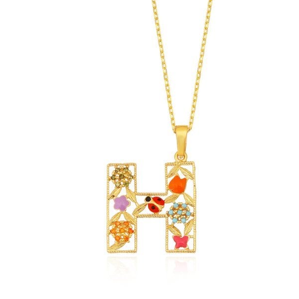 Mineli 'H' Harfli Gümüş Kolye
