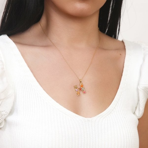 Mineli 'H' Harfli Gümüş Kolye