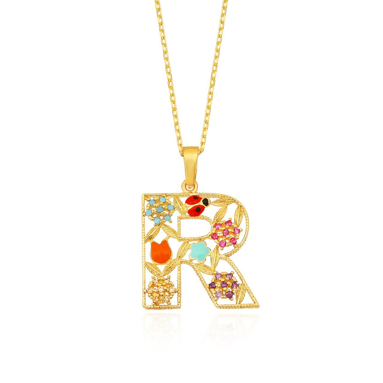 Mineli 'R' Harfli Gümüş Kolye