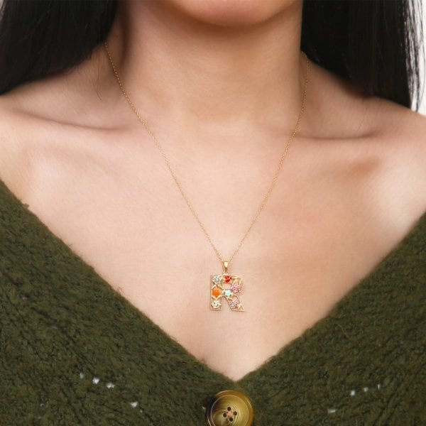 Mineli 'R' Harfli Gümüş Kolye