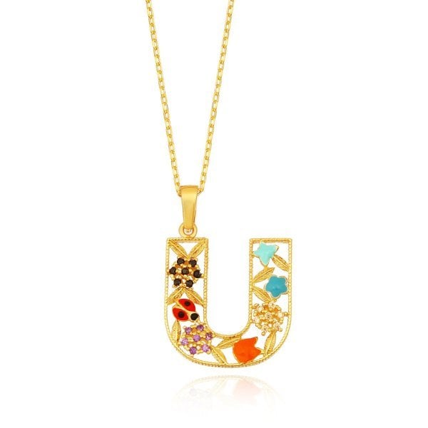 Mineli 'U' Harfli Gümüş Kolye