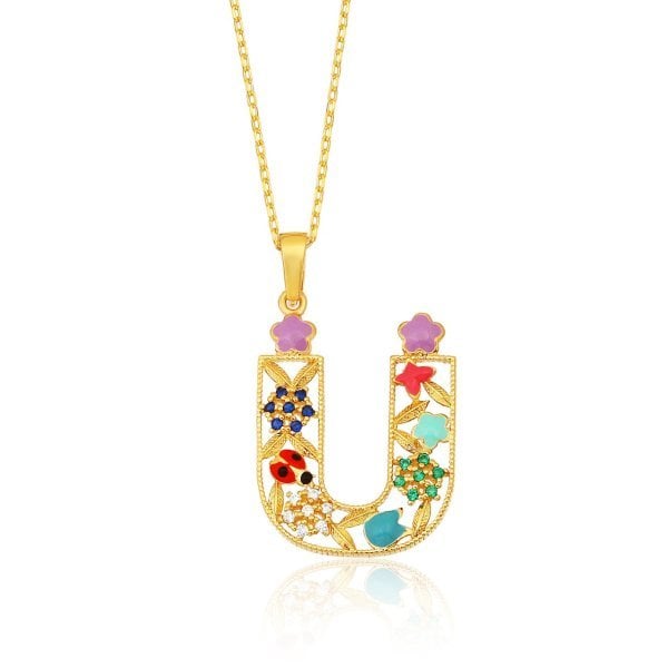 Mineli 'Ü' Harfli Gümüş Kolye