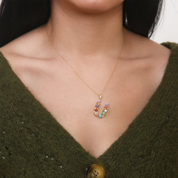 Mineli 'Ü' Harfli Gümüş Kolye