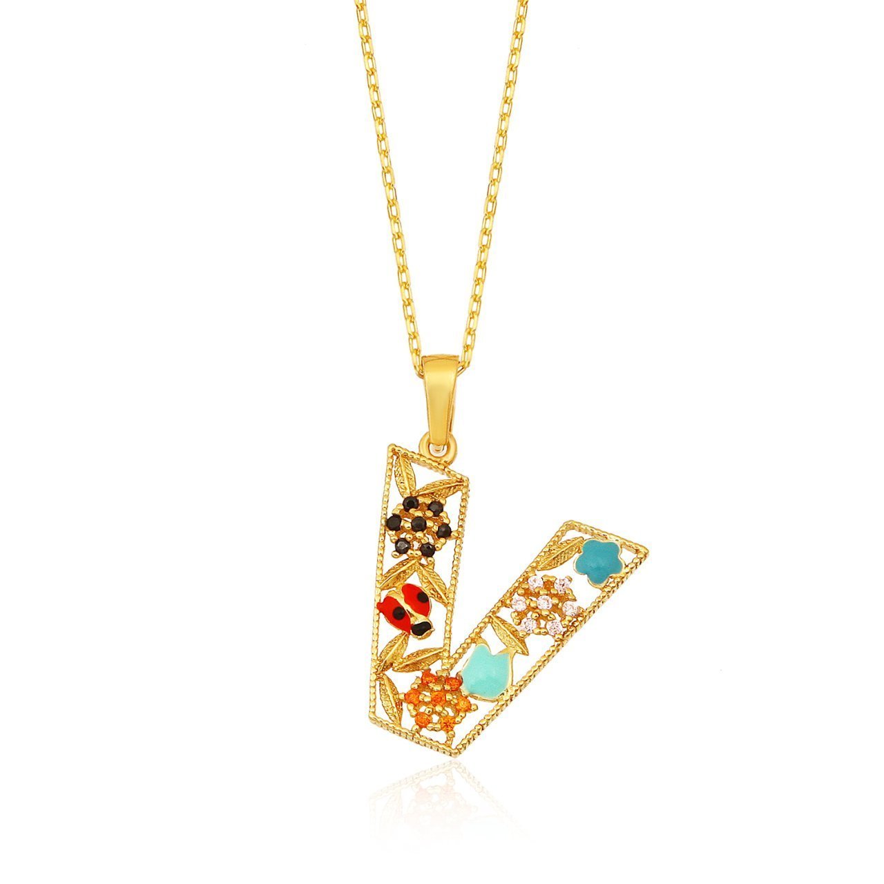 Mineli 'V' Harfli Gümüş Kolye