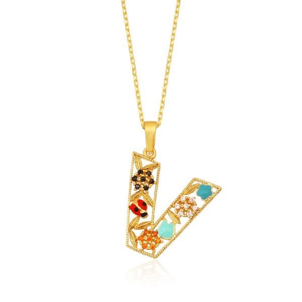 Mineli 'V' Harfli Gümüş Kolye