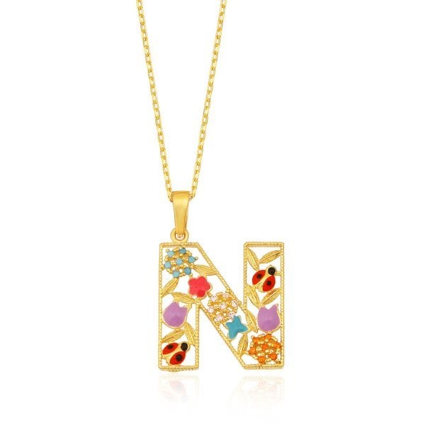 Mineli 'N' Harfli Gümüş Kolye