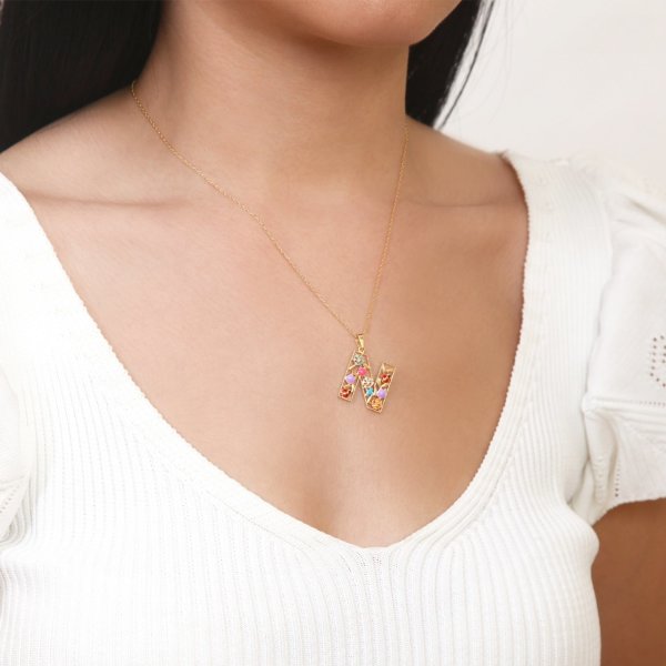 Mineli 'N' Harfli Gümüş Kolye