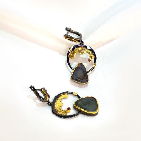 Doğal Labradorit Taşlı  Küpe