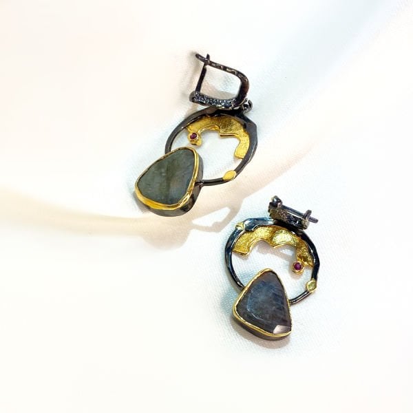 Doğal Labradorit Taşlı  Küpe