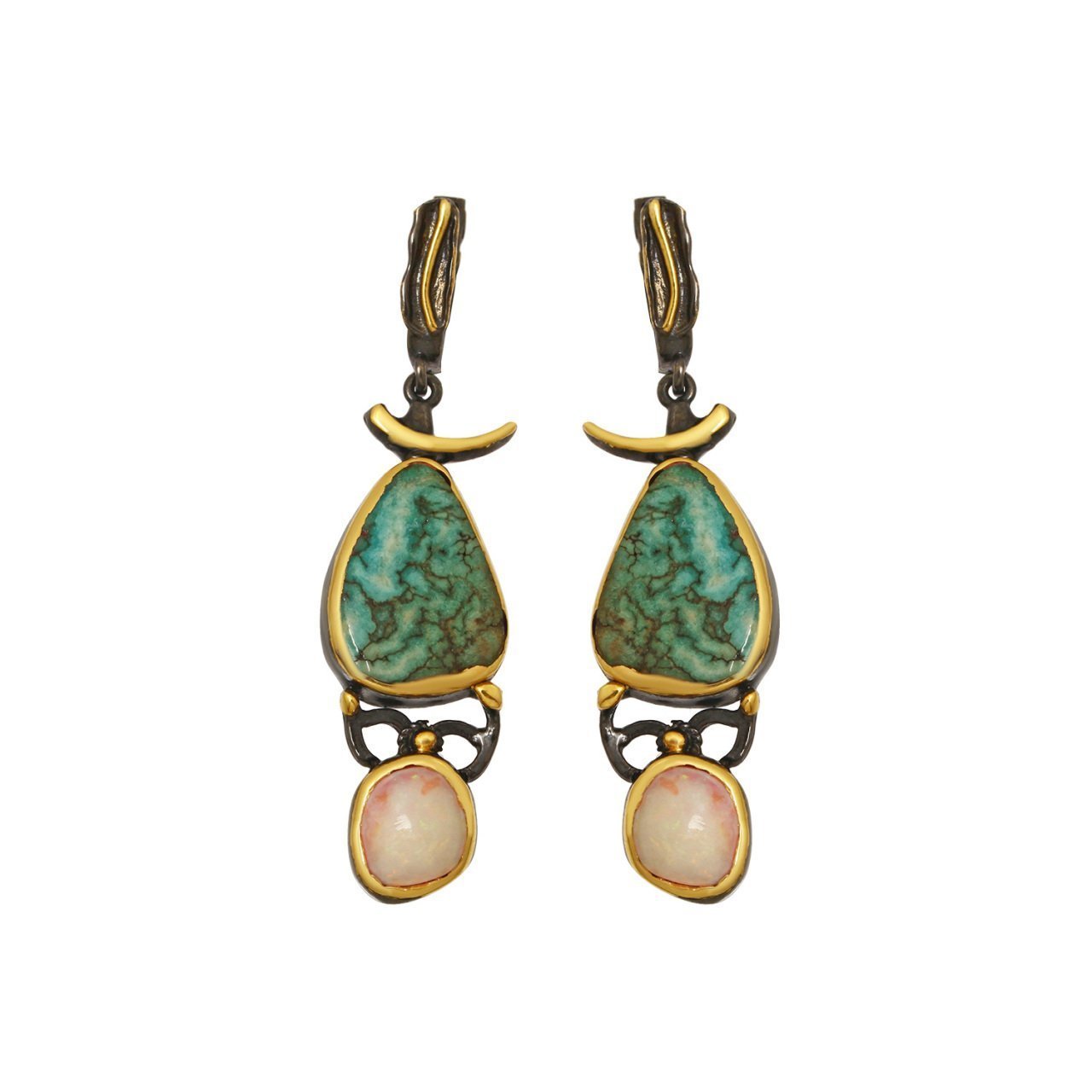 Doğal Firuze ve Opal Taşlı Gümüş Küpe